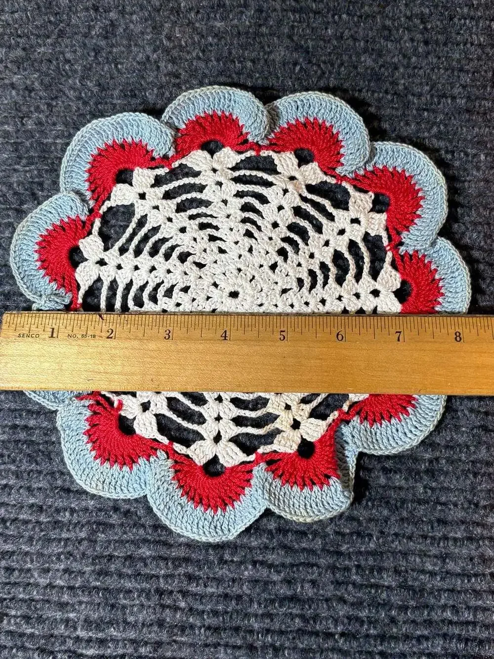Vintage Hand Crocheted Cotton Doily Trivet Hot Pad Red White and Blue Ruffled Ed